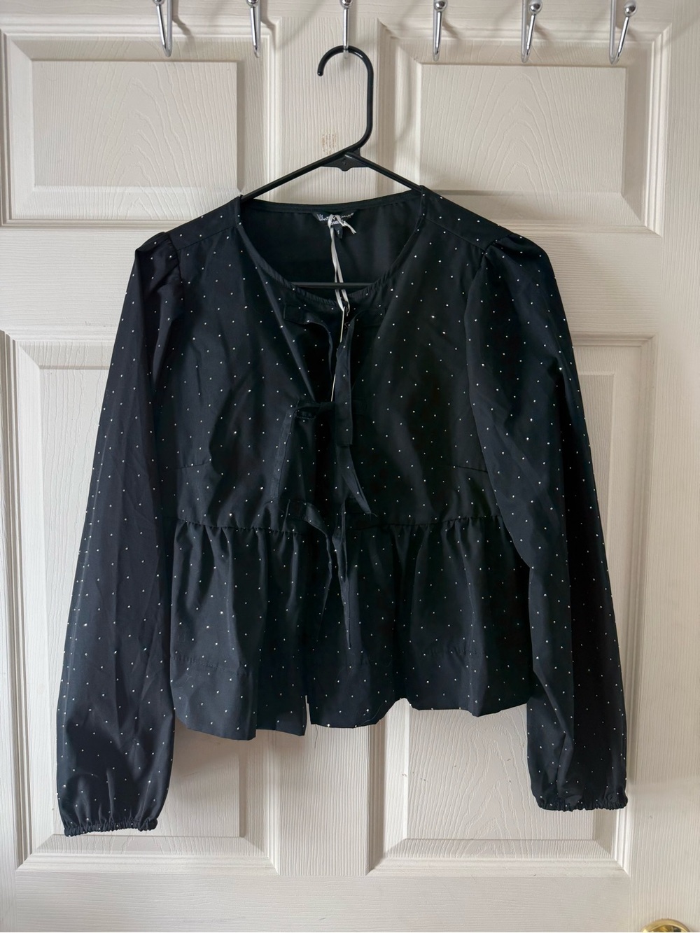 Rhinestone Long-Sleeve Tie-Front Peplum Top